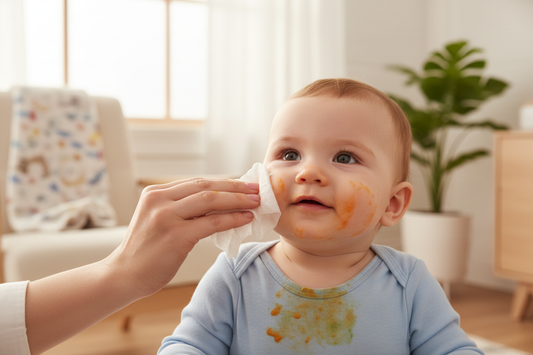Little babay getting food stain removed by wipe