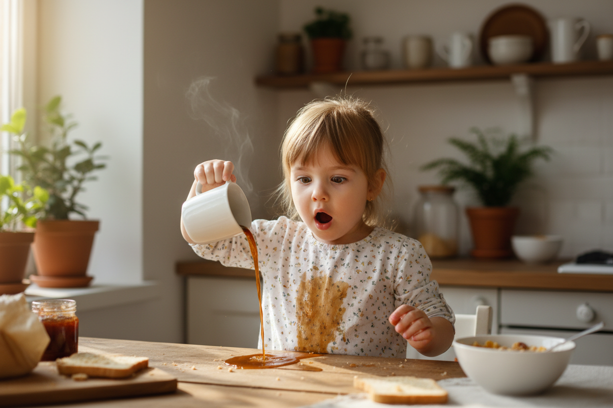 Generate a rectangular image with little girl splitting coffee on clothes
